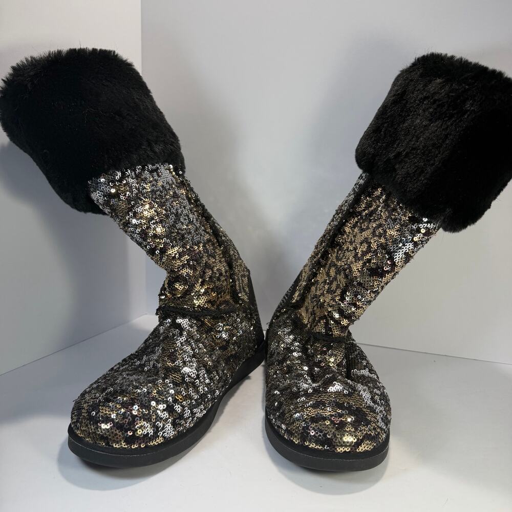 Juicy Couture Sequin Faux Fur Boots Black Gold Silver Bling Rhinestone Y2K Sz 9
